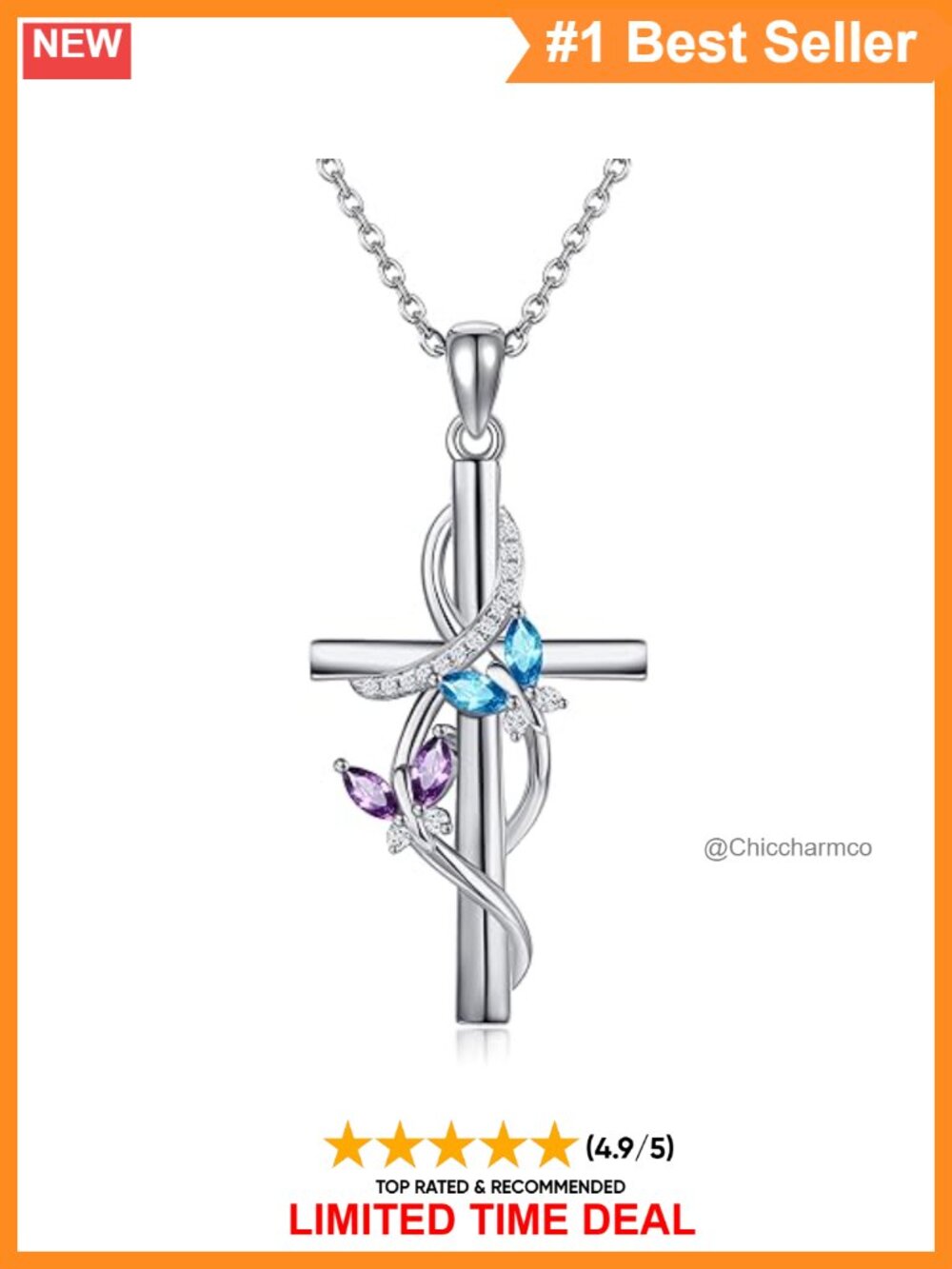 925 Sterling Silver Butterfly Cross Pendant Necklace 18+2" Chain